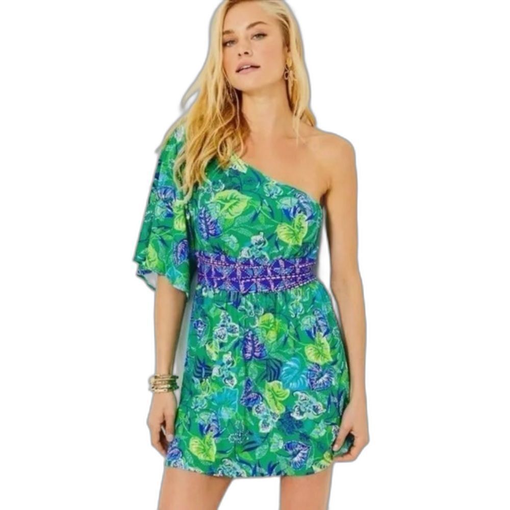 Lilly Pulitzer Niki One-Shoulder Romper Size 14 Botanical Green In A Flutter